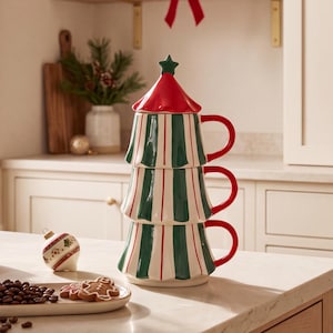 Pode incluir: Uma pilha de três canecas de cerâmica em forma de árvore de Natal com riscas verticais verdes e brancas e pegas vermelhas. A caneca superior apresenta uma tampa cónica vermelha rematada com uma pequena estrela verde na bancada.
