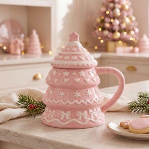 Könnte beinhalten: Ein hellrosa Keramikbecher in Form eines gestuften Weihnachtsbaums mit passendem Deckel. Der Becher ist mit weißen Reliefdetails wie Herzen, Sternen, Schneeflocken und Schleifen verziert und hat einen geschwungenen Henkel an der Seite.