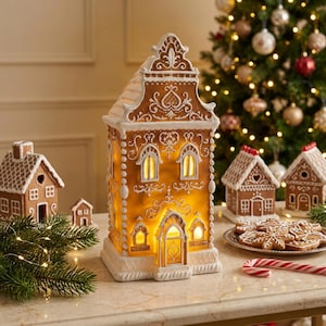 Pode incluir: Uma decoração alta e iluminada em forma de casa de pão de mel com padrões intrincados de glacê branco sobre uma superfície castanha quente. A estrutura apresenta janelas arqueadas e uma porta central brilhantes, rodeada por figuras menores.