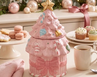 Tarro para galletas con forma de árbol de Navidad rosa, bote de cerámica para las fiestas, decoración festiva para la cocina (27 cm)