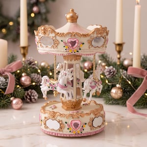 Può includere: Una giostra decorativa con cavalli bianchi dai dettagli rosa, finiture dorate e gemme rosa a forma di cuore. La struttura presenta una base e una copertura color crema con dettagli floreali, poggiata su una superficie riflettente.