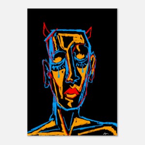 Könnte beinhalten: Digitaldruck eines stilisierten Gesichts mit roten Hörnern, umrandet in Blau und Orange. Das Gesicht hat geschlossene Augen mit blauen Tränen, rote Lippen und einen schwarzen Hintergrund. Das Kunstwerk hat einen modernen, ausdrucksstarken Stil.