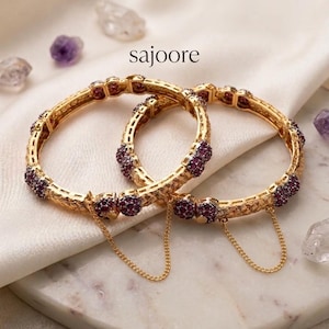 Set of 2 Beautiful Unique Ornate Ruby Pave Bangle Bracelet Set With Adjustable Clasp Handcrafted Gold Plated Traditional Jewellery