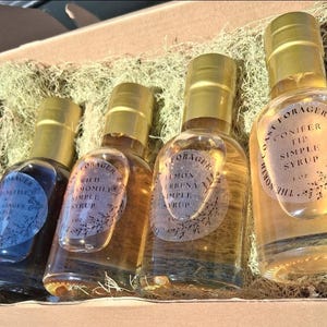 Puede incluir: Cuatro botellas de vidrio de jarabe con tapas doradas y etiquetas, colocadas en una caja de cartón con musgo verde. Las etiquetas dicen "Nettle Ginger Simple Syrup", "Wild Chamomile Simple Syrup", "Lemon Verbena Simple Syrup" y "Conifer Tip Simple Syrup".
