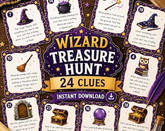 May include: A Wizard Treasure Hunt game set featuring 24 clue cards with purple and gold borders, decorated with illustrations of a witch hat, cauldron, wand, owl, broom, crystal ball, and treasure chests, plus a central title card.