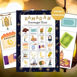 May include: A Ramadan-themed scavenger hunt printable with a navy blue background and gold stars. The text "RAMADAN Scavenger Hunt" is at the top. The hunt includes illustrations of dates, a prayer mat, a mosque, a Quran, and other Ramadan-related items. A yellow circle with the words "Instant Download" is in the top right corner.