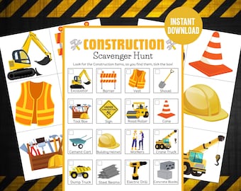 May include: A construction-themed scavenger hunt printable with illustrations of construction equipment and safety gear. Includes an excavator, barrier, vest, shovel, tool box, sign, road roller, cone, cement cart, building helmet, workers, crane truck, dump truck, steel beams, electric drill, and concrete blocks.
