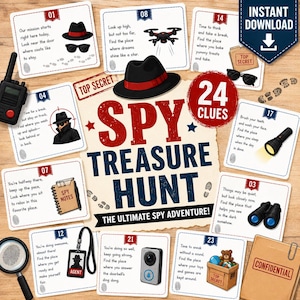 Op de afbeelding: Een spionnen-speurtocht spelset met 24 aanwijzingskaarten, geïllustreerd met een fedora-hoed, zonnebril, drone, zaklamp, verrekijker en spionnenuitrusting. De centrale tekst luidt SPY TREASURE HUNT THE ULTIMATE SPY ADVENTURE met een TOP SECRET badge.