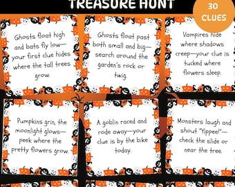 May include: A Halloween treasure hunt game with clues printed on cards. The cards are decorated with pumpkins, bats, and ghosts. The title "Halloween Outdoor Treasure Hunt" is at the top. Includes 30 clues.