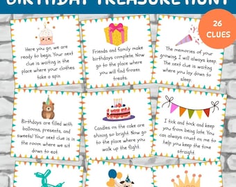 May include: A collection of birthday treasure hunt clues with various designs and text. Each card has a unique illustration, such as a cupcake, gift, and cake. The words "BIRTHDAY TREASURE HUNT" are at the top, with "26 CLUES" in a circle.