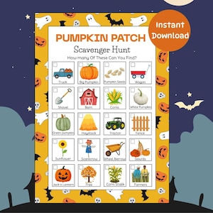 以下が含まれることがあります： ハロウィーンをテーマにした宝探しゲームの印刷物で、カボチャ畑をテーマにしています。画像には、カボチャ、トラック、トラクター、その他の秋に関連するアイテムのイラストが描かれています。「Pumpkin Patch Scavenger Hunt」という言葉が一番上にあります。