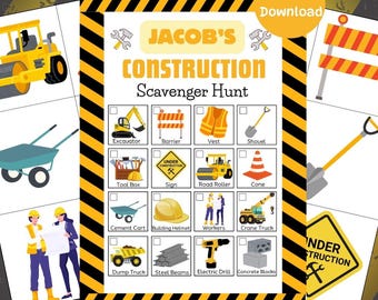 May include: A construction-themed scavenger hunt printable with the text "JACOB'S CONSTRUCTION Scavenger Hunt" and illustrations of construction tools and equipment. Includes an "Instant Download" button and a black and yellow striped border.