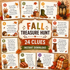 Peut inclure: Un jeu de chasse au trésor d'automne comprenant 24 indices avec un titre de téléchargement instantané. Les cartes sont décorées de feuilles d'automne, de citrouilles, de lanternes et d'objets domestiques, avec des textes rimés pour le jeu.