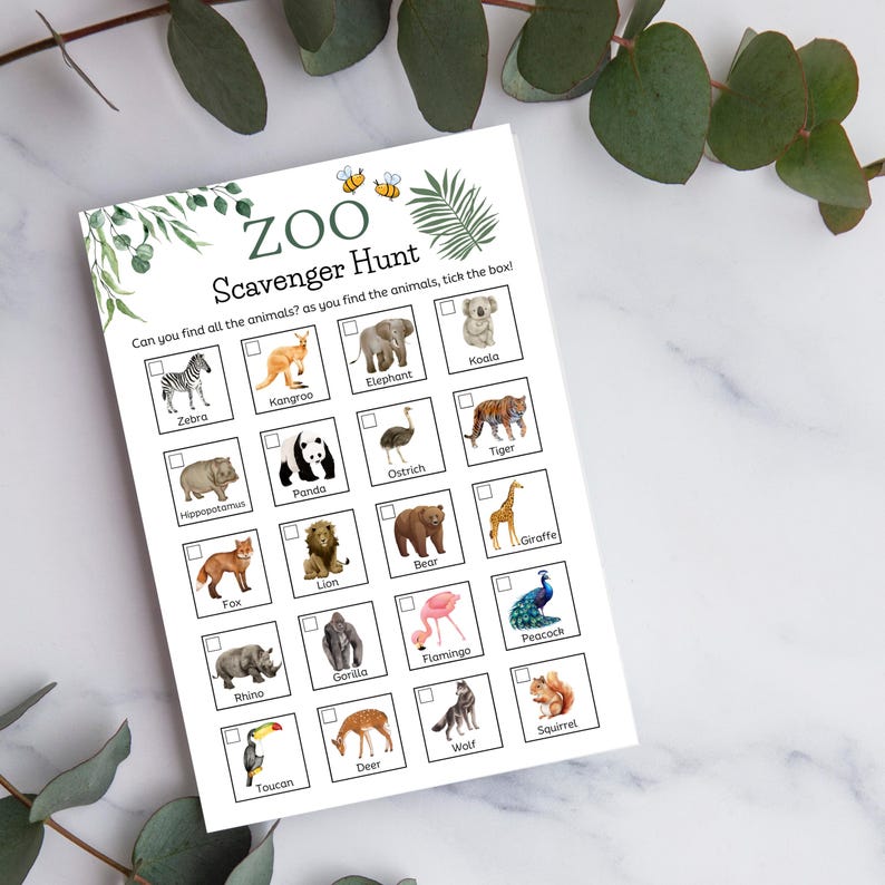 Zoo Scavenger Hunt: Printable Animal Treasure Hunt for Kids (PDF ...
