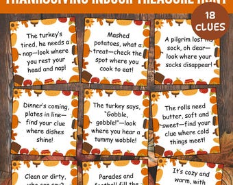 Può includere: Gioco di caccia al tesoro al coperto del Ringraziamento con 18 indizi. Ogni indizio è su una carta con un bordo decorativo di foglie d'autunno, zucche e mele. Le carte contengono frasi come "guarda dove riposi la testa e fai un pisolino!"
