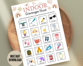 Puede incluir: Una lista imprimible de búsqueda del tesoro en interiores con ilustraciones de varios artículos para el hogar como un suéter, una linterna y una taza. Las palabras "INDOOR Scavenger Hunt" están en la parte superior, con "Instant Download" en la parte inferior.