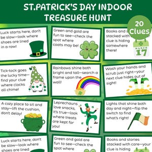 Puede incluir: Un juego de búsqueda del tesoro en interiores para el Día de San Patricio con 20 pistas. El juego incluye pistas ilustradas con texto, como un duende, una olla de oro y un arcoíris. También se muestra la fecha del 17 de marzo.
