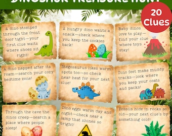 May include: A colorful dinosaur treasure hunt game with 20 clues. The game features illustrated clues on parchment-style cards, including dinosaurs, eggs, and a volcano. The title "Dinosaur Treasure Hunt" is at the top.
