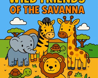May include: A vibrant cartoon illustration of savanna animals, including a zebra, giraffe, elephant, lion, and two turtles. The text "WILD FRIENDS OF THE SAVANNA" is displayed above the animals. The background features a blue sky and a yellow savanna.