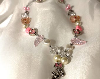 Rosa genomskinligt Minne Mouse Disney pärlhalsband med pärlblommor
