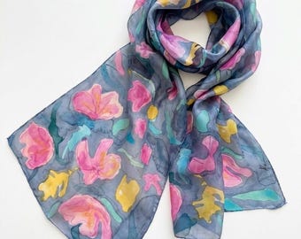 Hand Painted 100% Silk Scarf | One of a Kind Floral Silk Scarf | Botanical Wearable Art | Luxury Silk Shawl