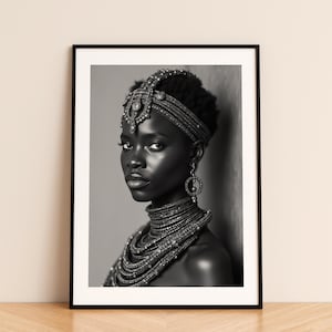 African Queen Black and White Photography Portrait, Black Woman Art (Instant Download)