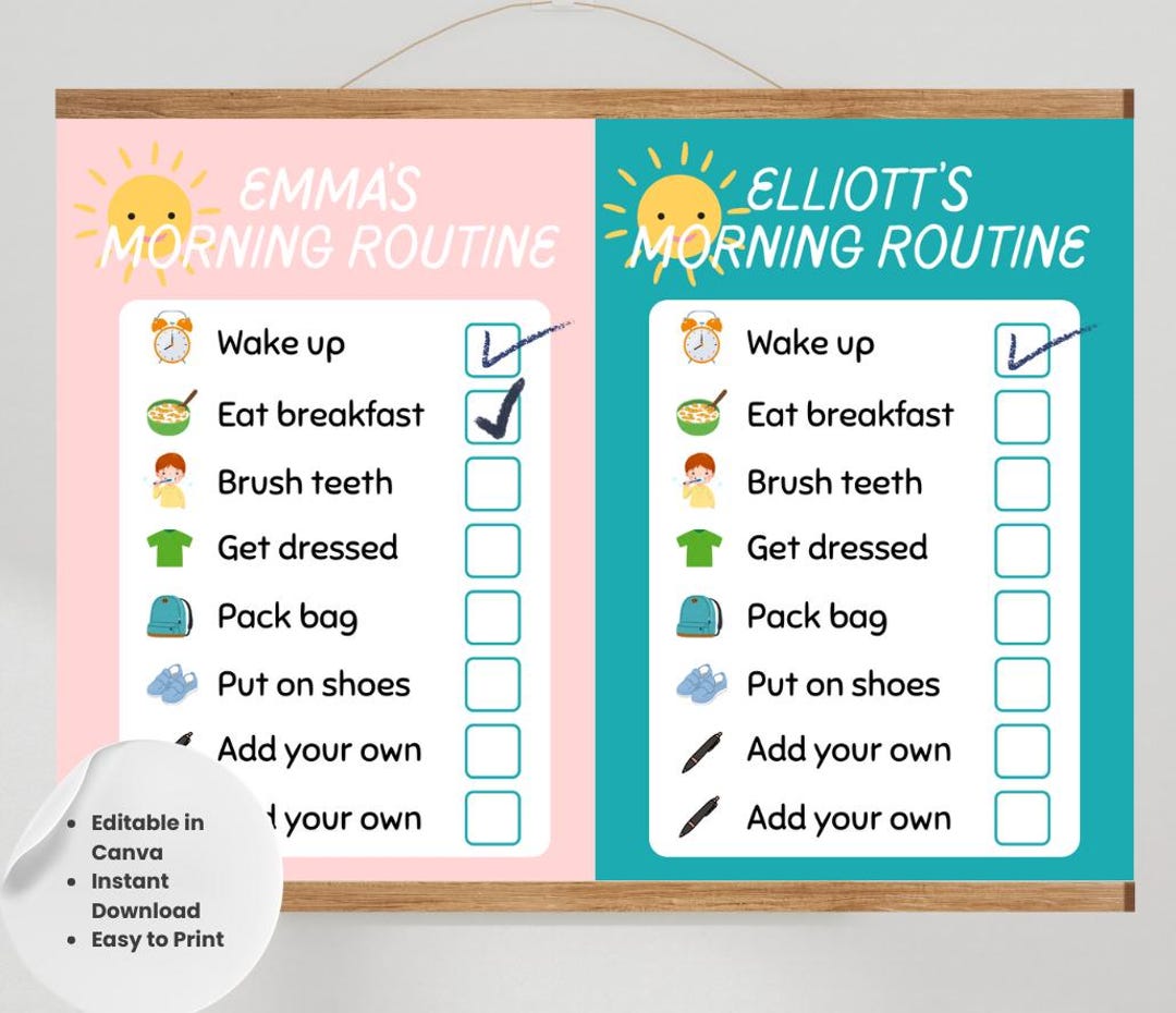 Kids Morning & Bedtime Routine Charts – Twins Version – Editable Canva ...