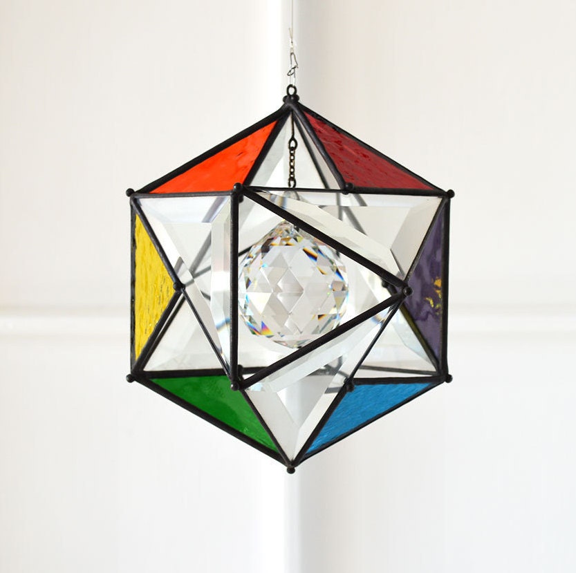 6 Inch Rainbow Complex Beveled Glass Orb with 50mm Crystal Ball
