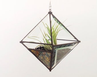 Large Pyramid Beveled Glass Orb Air Plant Planter with Green Gold and Copper Van Gogh Accent Glass