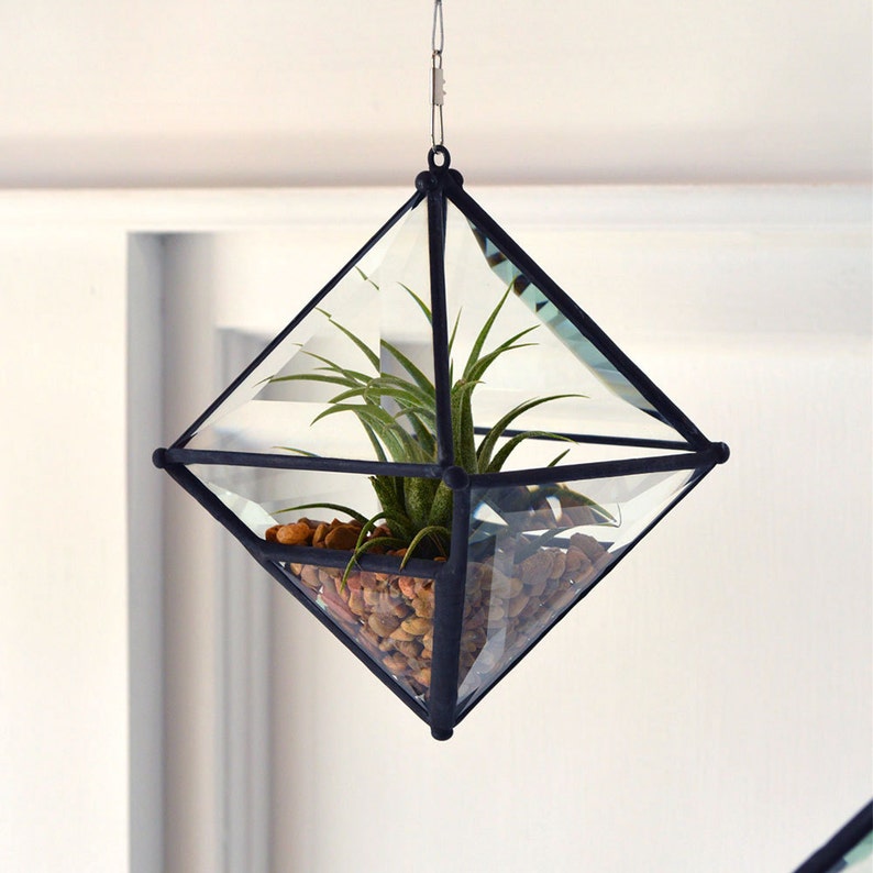 Pyramid Beveled Glass Orb Air Plant Planter with Bevel Accent. 