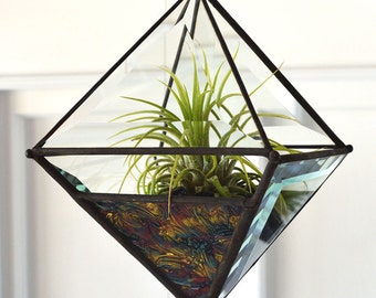 Large Pyramid Beveled Glass Orb Air Plant Planter with Gold Green/Blue and Red Van Gogh Accent Glass