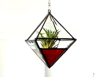 Pyramid Beveled Glass Orb Air Plant Planter with Red-Yellow Accent.