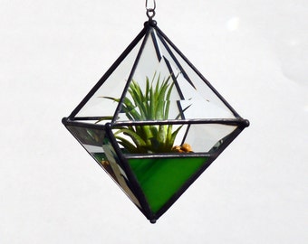 Pyramid Beveled Glass Orb Air Plant Planter with Variegated Yellow-Green Accent.