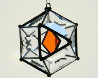 3" Mini Beveled Glass Orb with Orange Accent