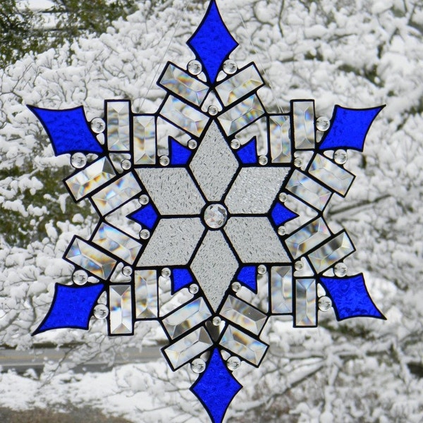 Stained Glass Snowflake Cobalt Accents