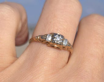14K Antique Engagement Ring Size 5.75 Two Tone Yellow and White Gold Diamond