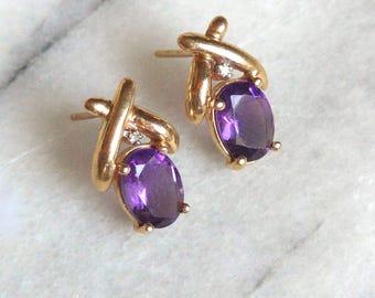 10K Yellow Solid Gold Amethyst & Diamond Accent Earrings – 2.0g