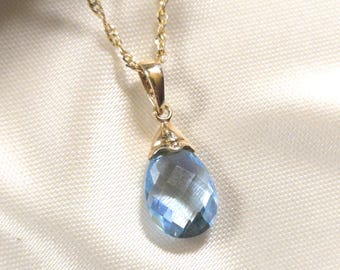 14k Solid Yellow Gold Faceted Blue Topaz Dangle Drop Pendant 1.1g