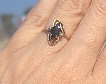 10k Solid Gold Marquise Black Onyx Ring with Diamond Accents – Vintage Feminine Style