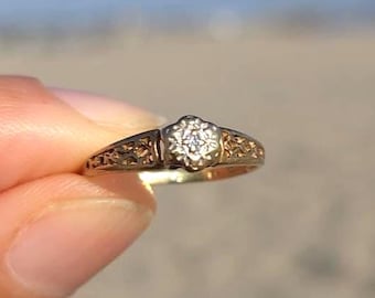 Antique 10K Solid Gold Diamond Chip Filigree Engagement Ring Size 5 0.95g