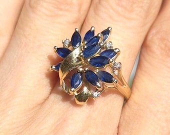 14K Solid Yellow Gold 12 Sapphire Marquise 4 Diamond Cluster Ring Sz 6.25 4.2g