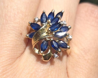 14K Solid Yellow Gold 12 Sapphire Marquise 4 Diamond Cluster Ring Sz 6.25 4.2g