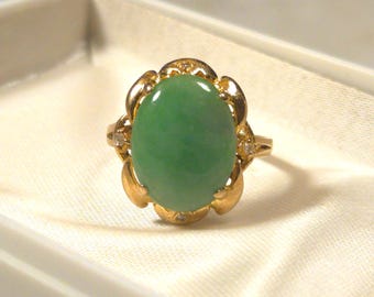 Green Aventurine Ring with Diamonds in 10K Yellow Gold Art Nouveau Setting