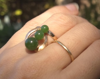 Solid 14K Yellow Gold Jade Aventurine Ring – Mid Century Modern Cocktail Statement Jewelry