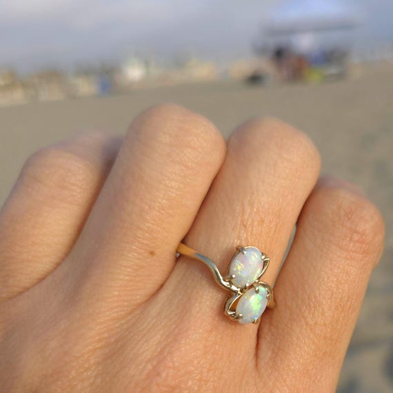 Elegant Double Opal 10k Solid Gold Ring - Classic Fire Opal Glow - Size 6.75, 2.49g