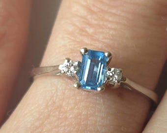 Elegant Swiss Blue Topaz & Diamond Solid 14K White Gold Ring – Classic Everyday Size 6