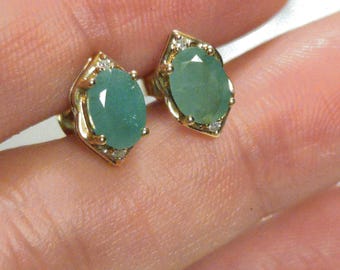 10K Yellow Gold Lab Emerald & Moissanite Stud Earrings (10.6x6mm)