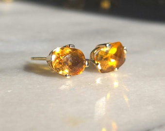 Large 14K Yellow Gold CID Citrine Stud Earrings – Dark Citrine 1.7g