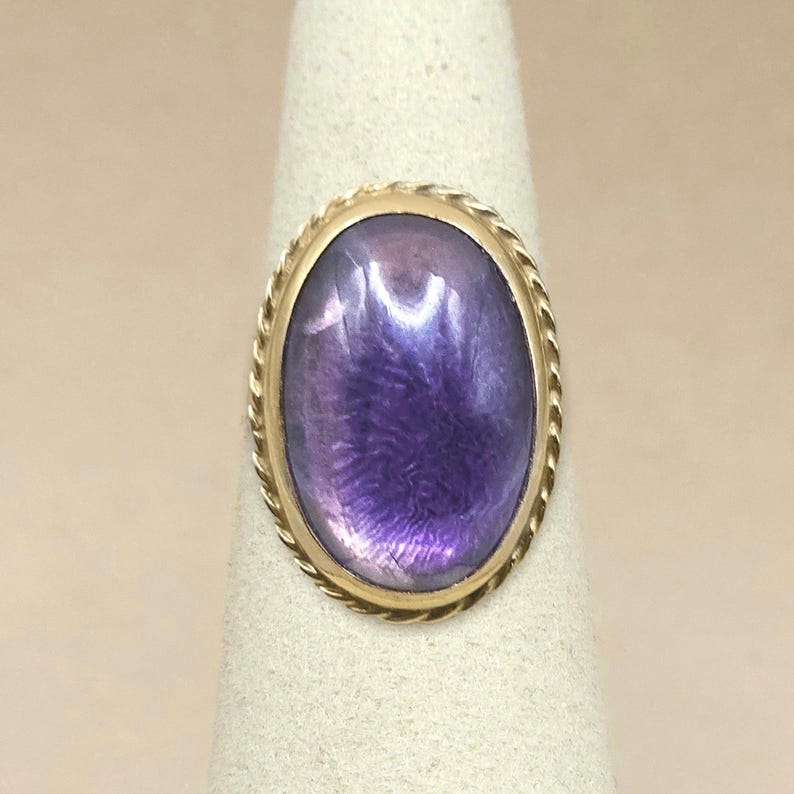 10k Solid Gold Ring with Impressive 20mm Purple Amethyst Vintage Cabochon - Size 7.75 - WOW image 2
