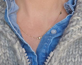 14K Solid Gold Tiny Puffy Heart Station Necklace – Dainty Singapore Chain